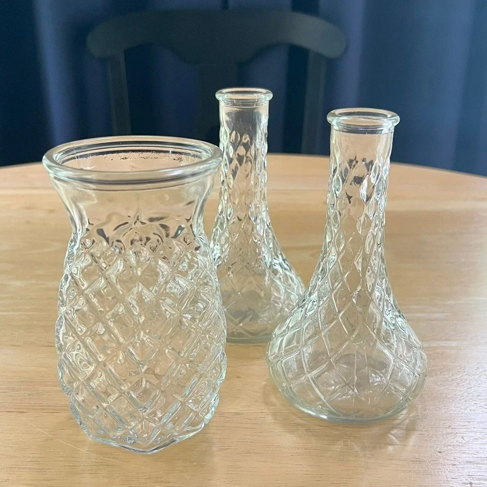 Vintage Clear Pressed Glass Bud Vase Set Diamond Quilted Pattern Trio 3 Piece